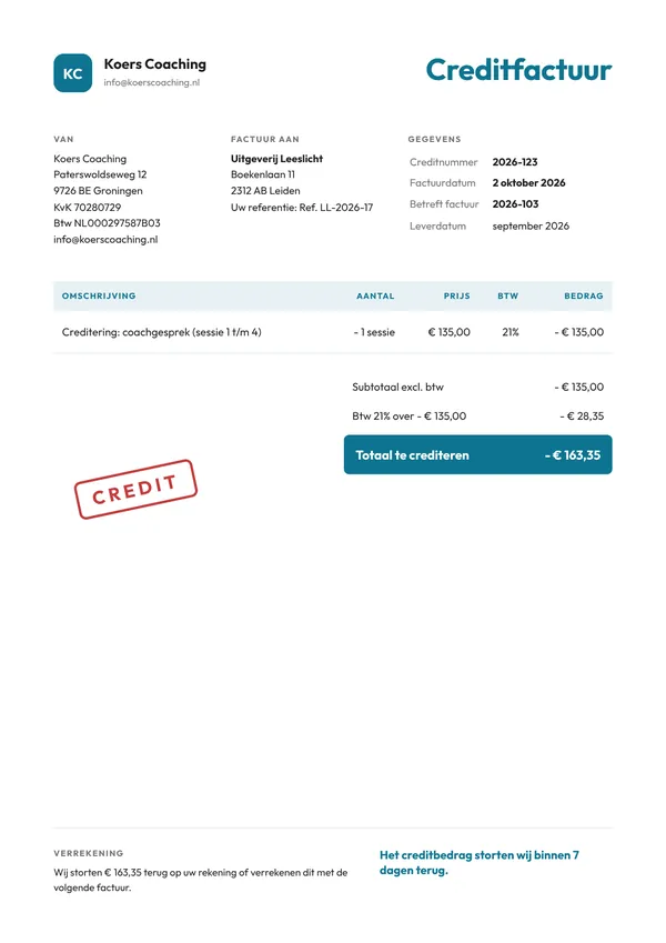 Voorbeeld creditfactuur van een coach met negatieve bedragen en een verwijzing naar het oorspronkelijke factuurnummer