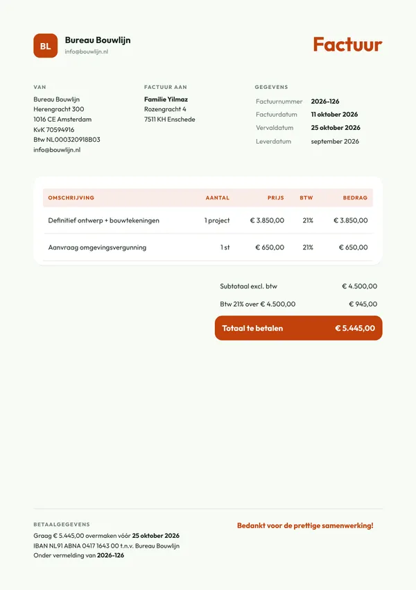 Voorbeeld factuur van een architect aan een particuliere klant, met bedragen exclusief en inclusief 21% btw