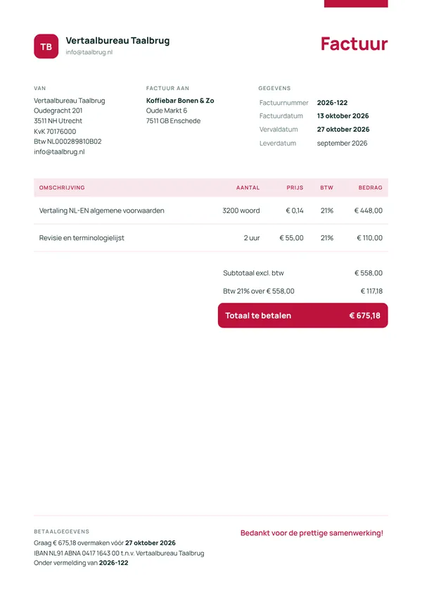 Voorbeeld factuur van een vertaler met gewerkte uren tegen een vast uurtarief, 21% btw en een betaaltermijn van 14 dagen